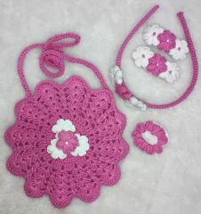Pembe El Örgüsü Çanta-Taç-Toka Beşli Set