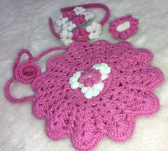 Pembe El Örgüsü Çanta-Taç-Toka Beşli Set