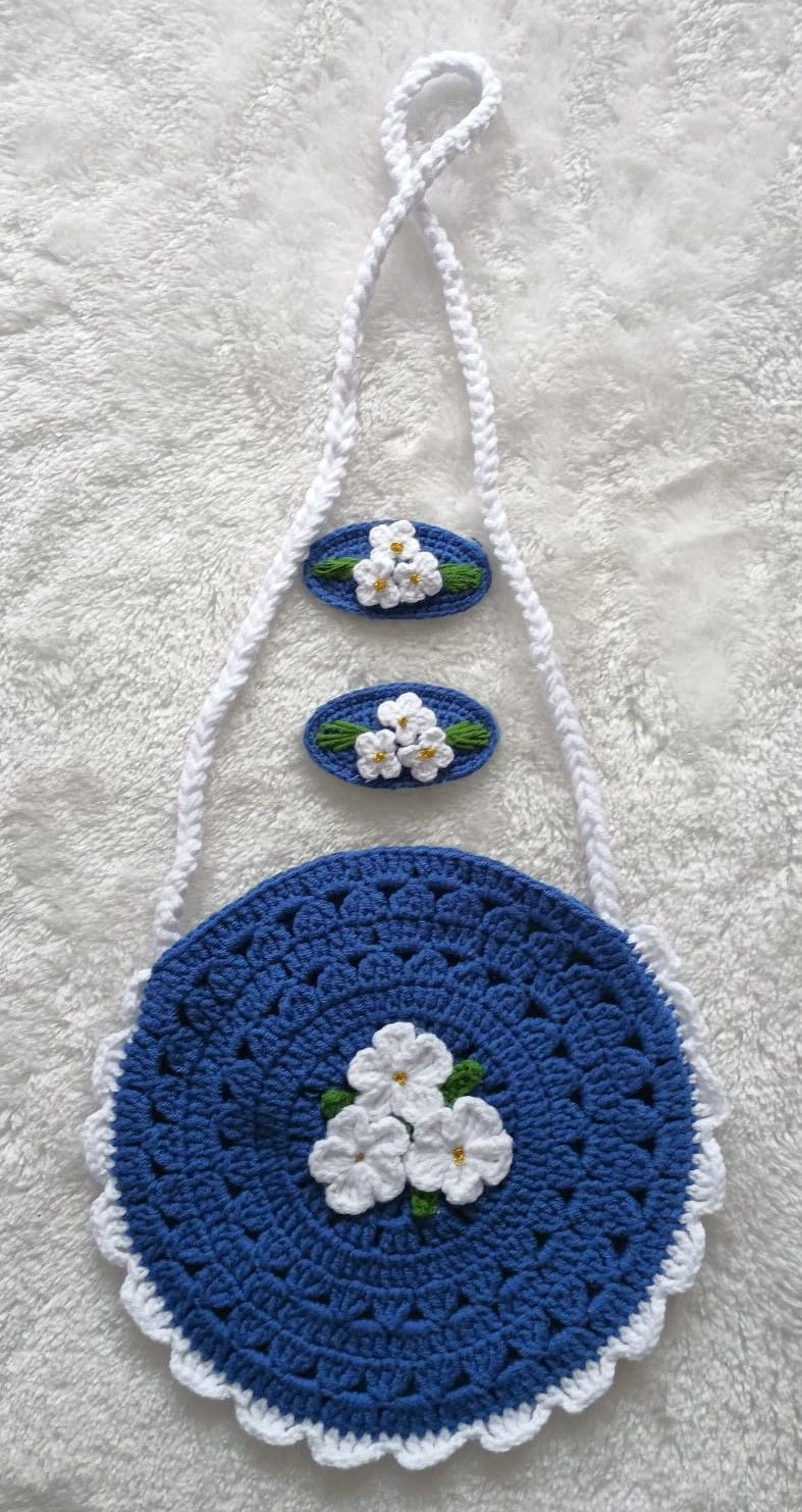 Mavi El Örgüsü Çanta-Toka Set